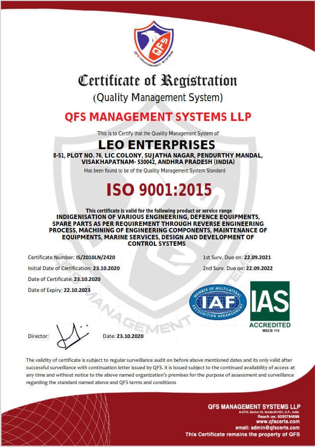 Leo Enterprises ISO 9001:2015 certificate of registration issued by QFS Management Systems LLP